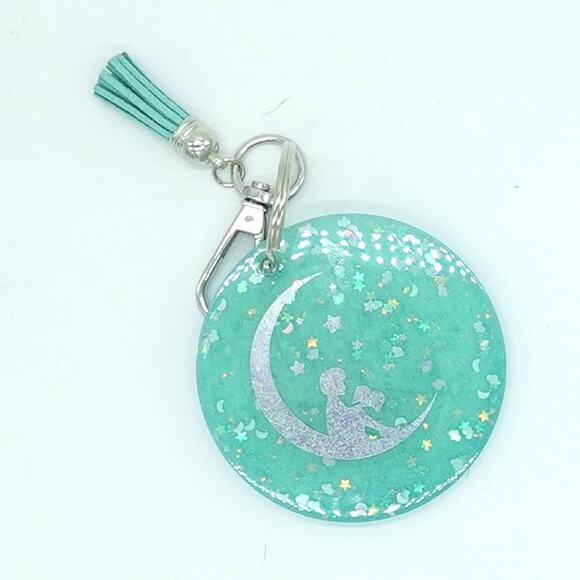 Seafoam n Stars Large Medallion Keychain  / Reading under the moon! - Picture 4 of 8